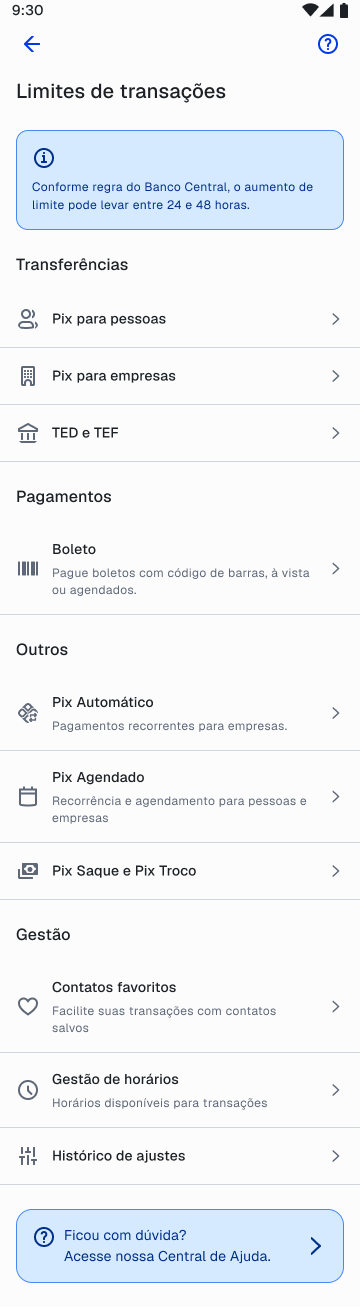 Hub de limites de transações