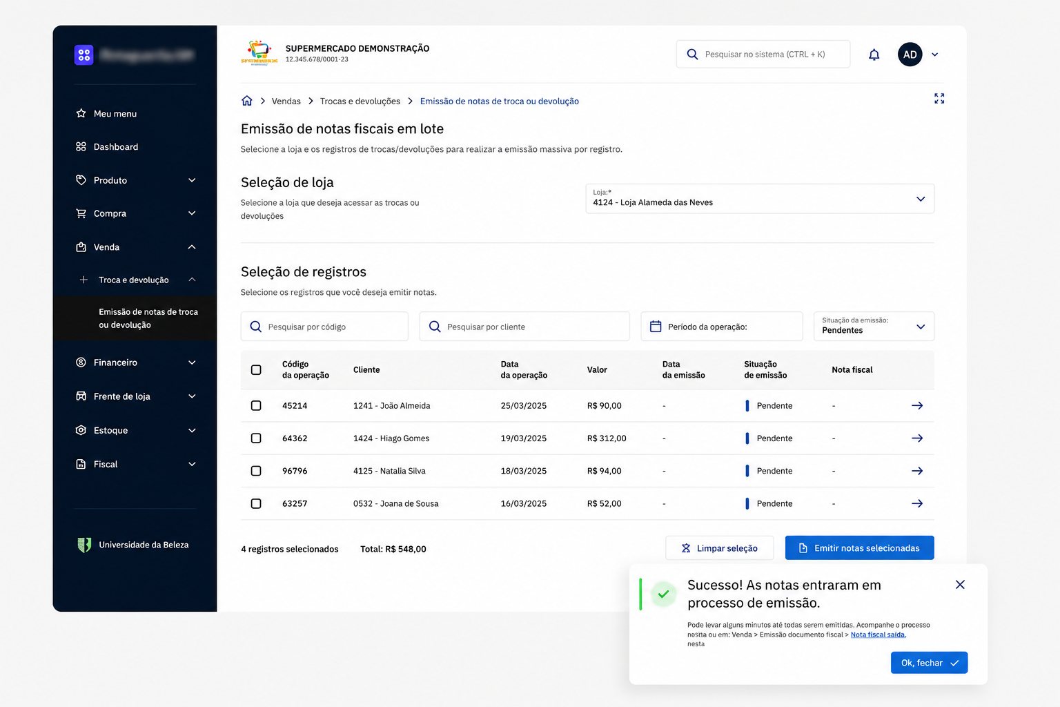 Tela de emissão de notas fiscais em lote
