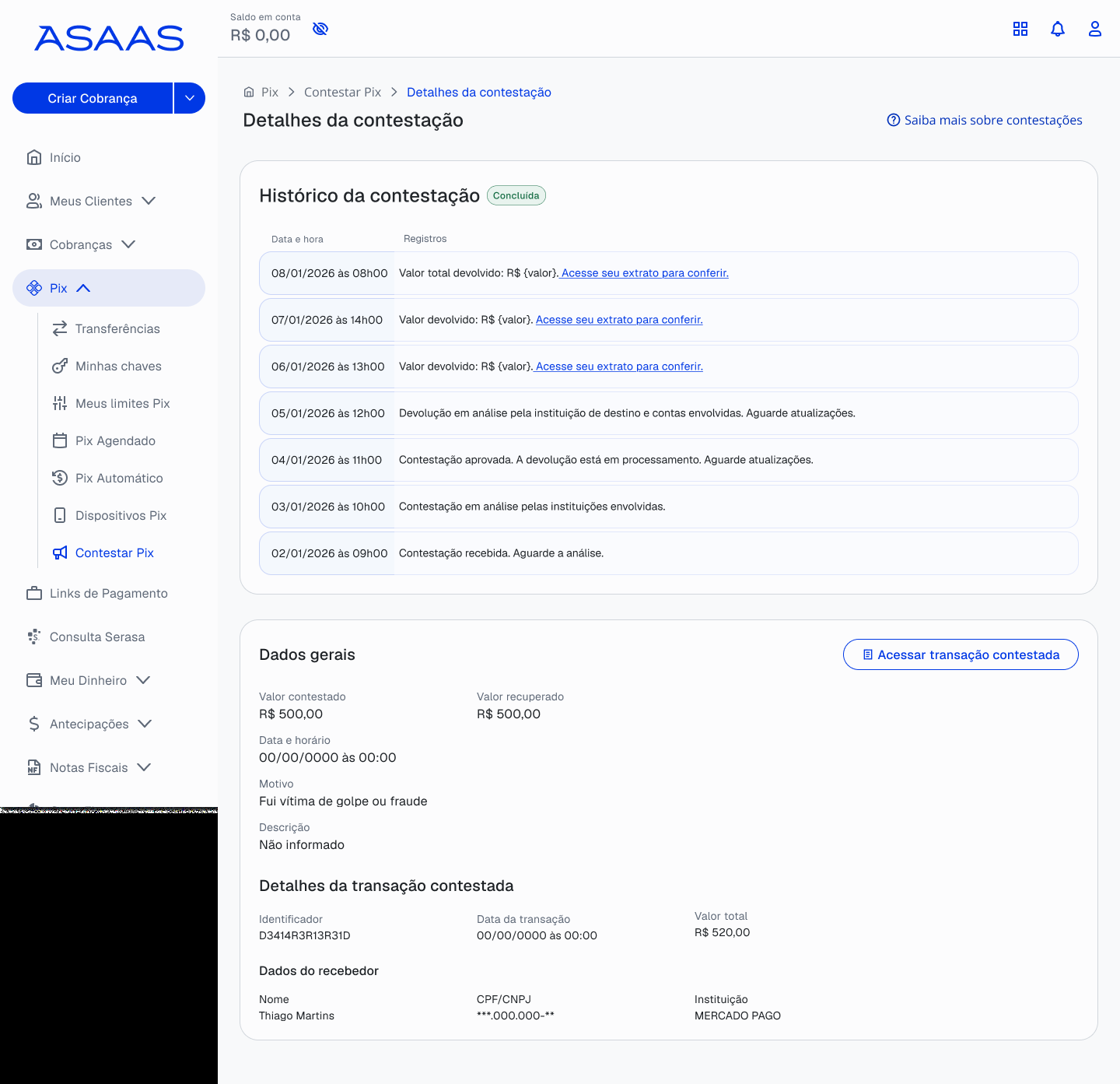 Tela desktop de backoffice com o histórico detalhado de uma contestação