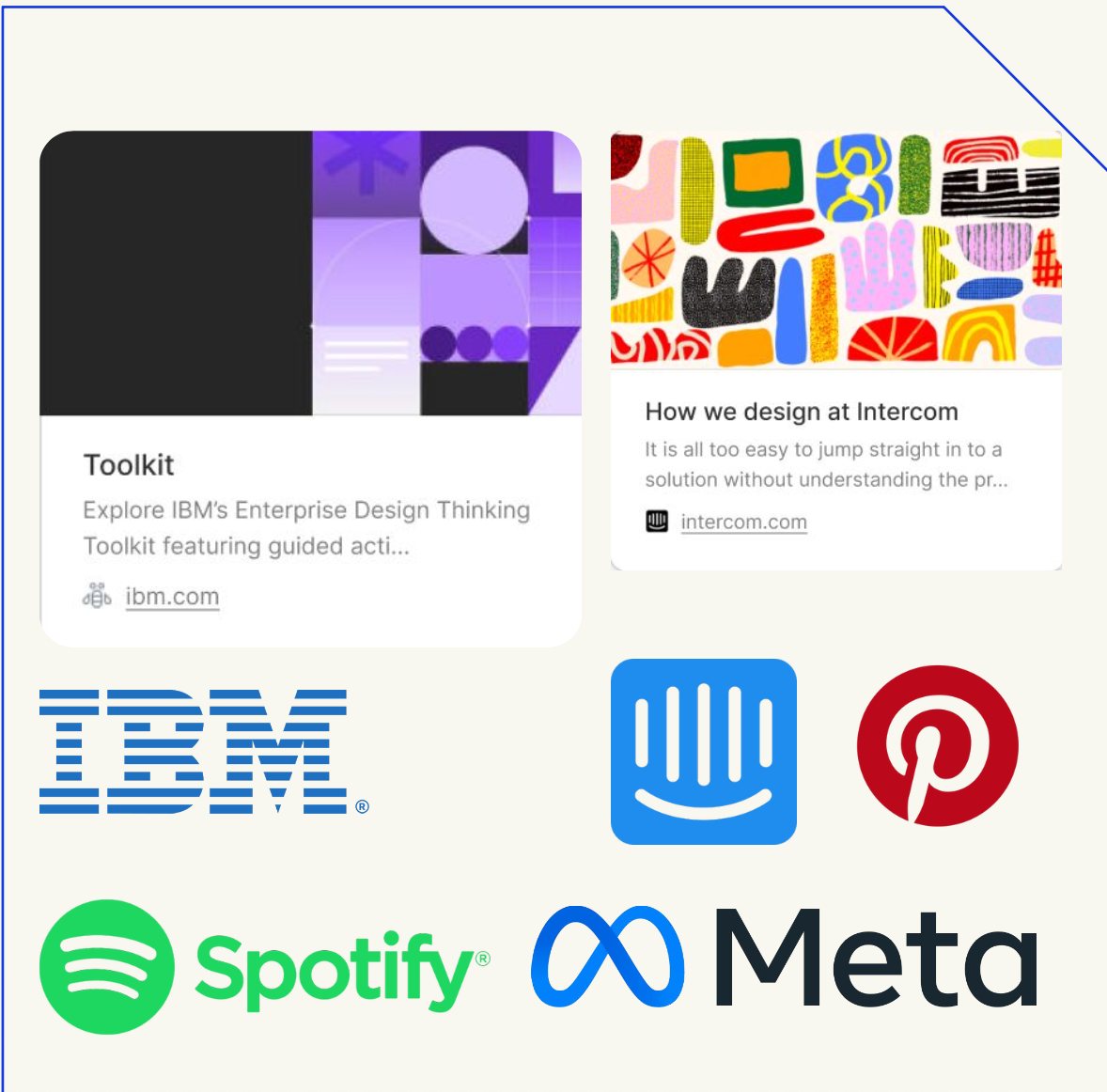 Logos e materiais das empresas analisadas no benchmark: IBM, Intercom, Pinterest, Spotify, Meta