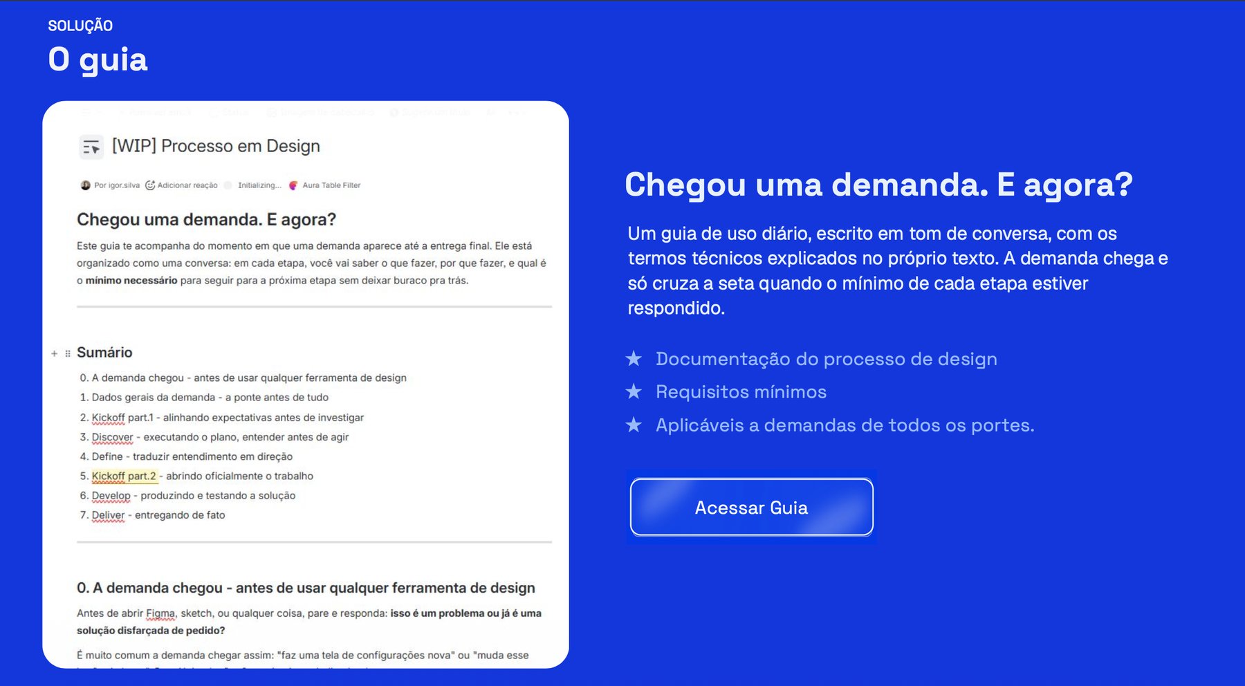 Página do guia 'Chegou uma demanda. E agora?' ao lado do resumo da solução