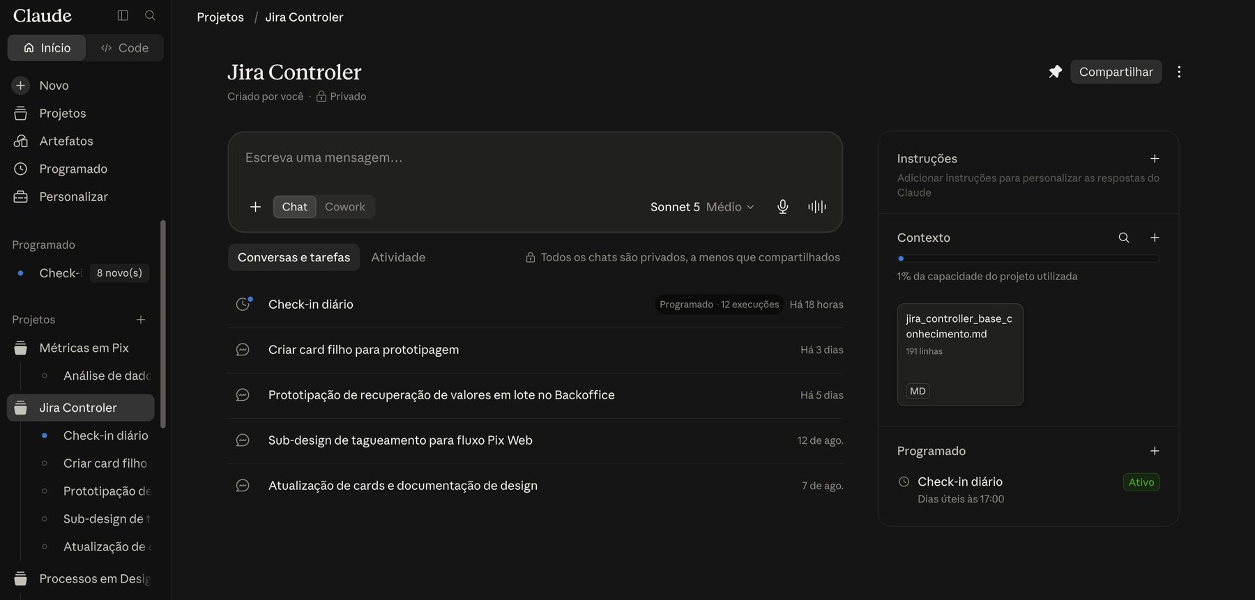 Projeto 'Jira Controller' no Claude, mostrando o check-in diário programado e o histórico de conversas e tarefas do Controller